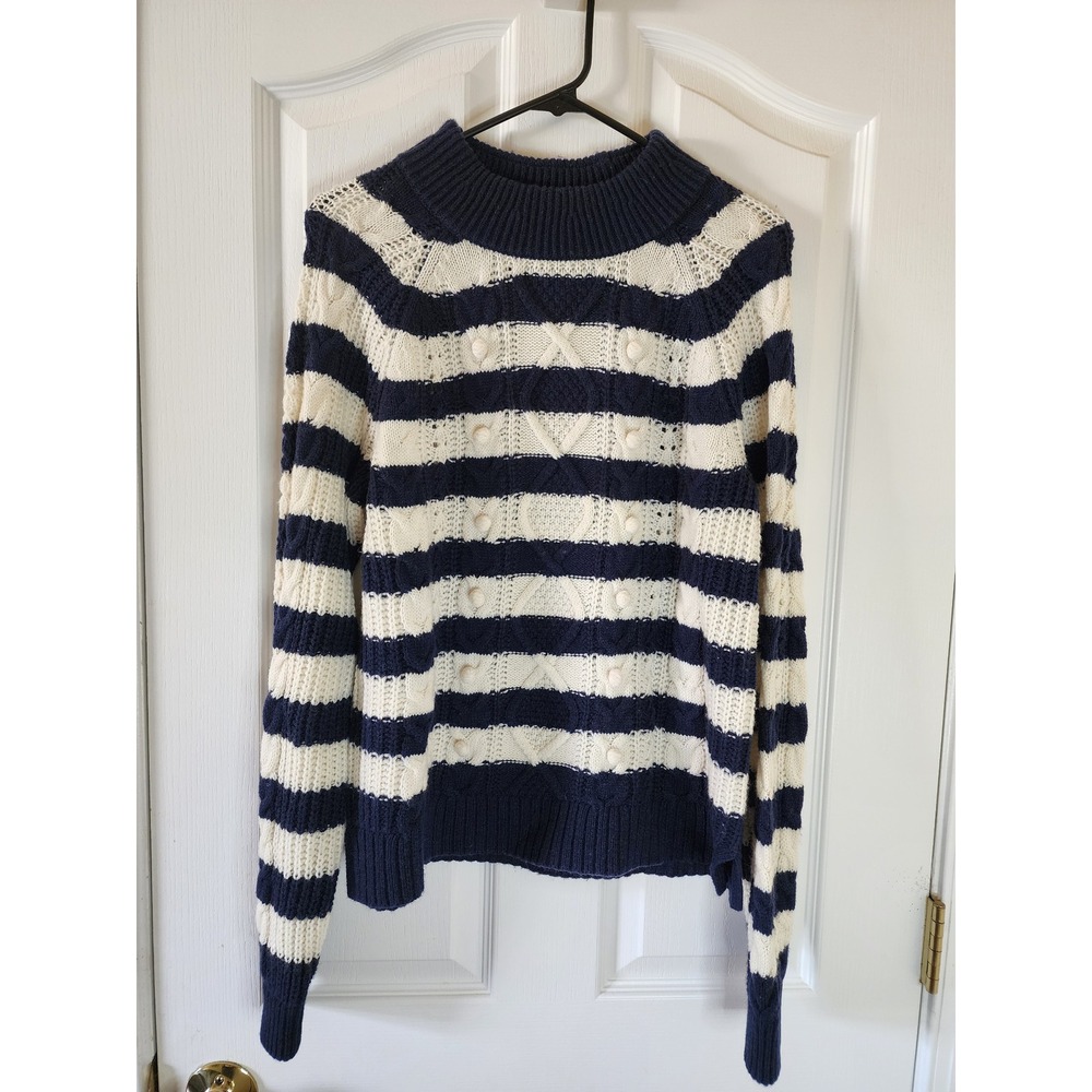 J.Crew Navy White Striped Cable Knit Bobble Sweater Mock Neck Nautical Large NWT